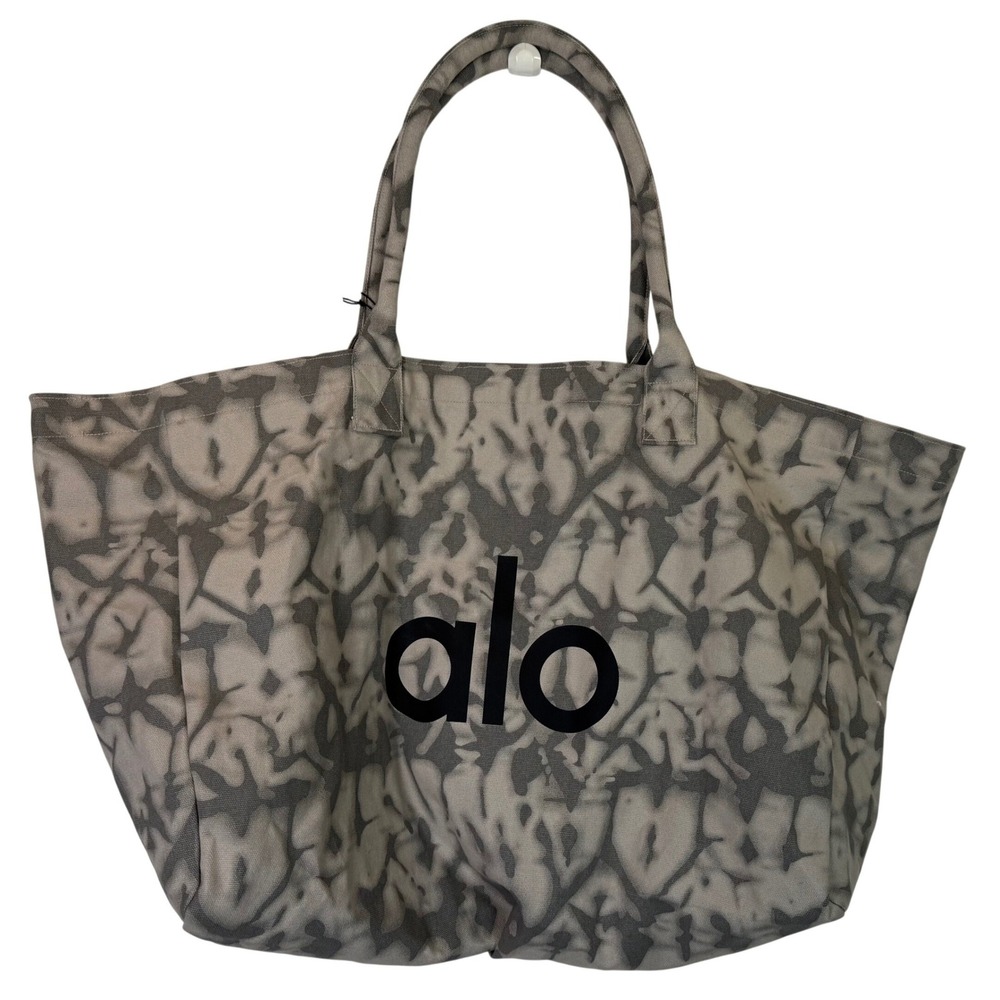 Alo Yoga Iconic Shopper Tote in Grey Tie-Dye Black Logo Oversized Cotton Canvas - Picture 2 of 9